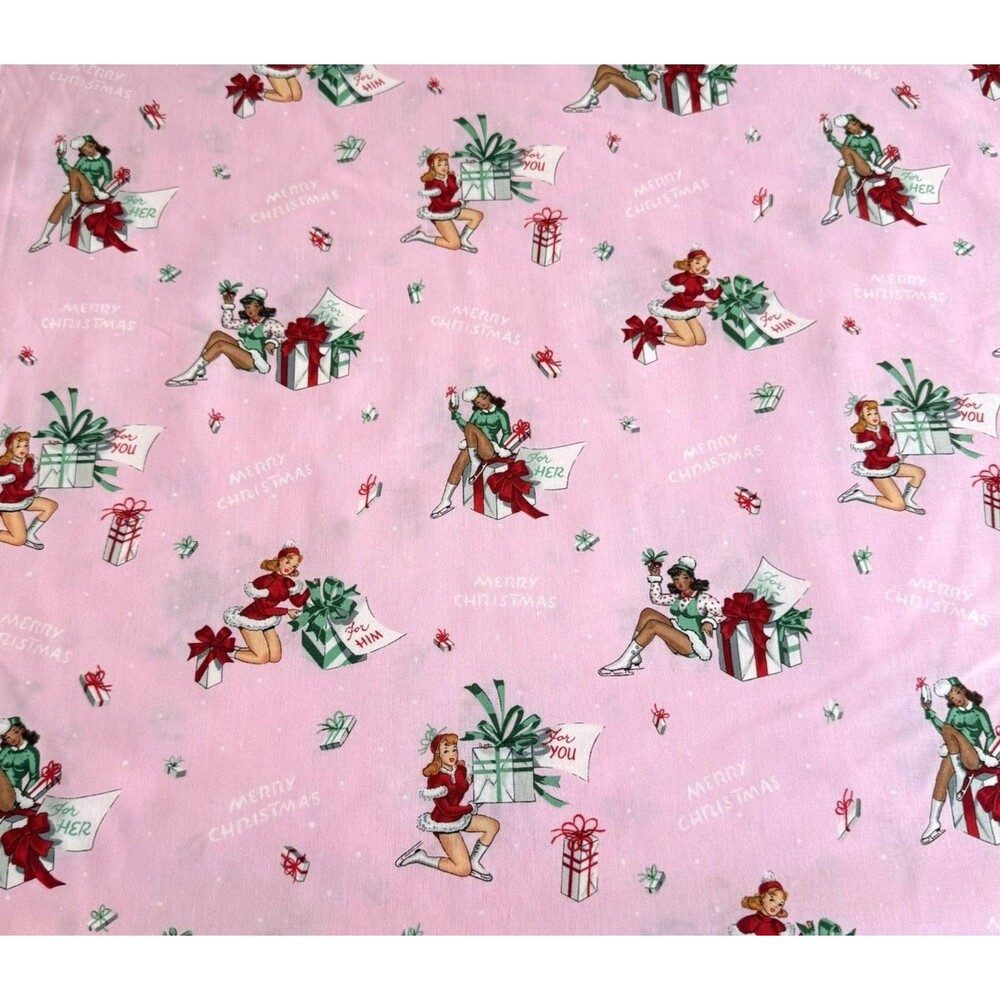 ALEXANDER HENRY Fabric FOR YOU Christmas Pin-up girls Santa Baby Pink 2019 BTY